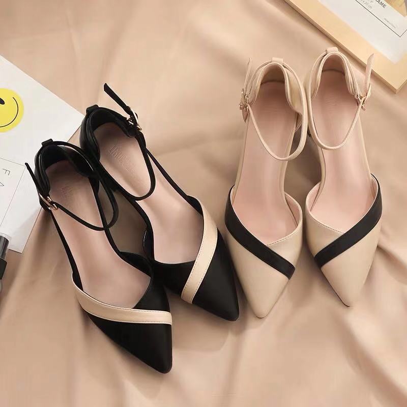 Leather Classic Strap - 女性のクラシックなベージュのスクエアヒールポインテッドシューズ、パーティー用レディース春夏ブラックバックルPUレザー職業用パンプス