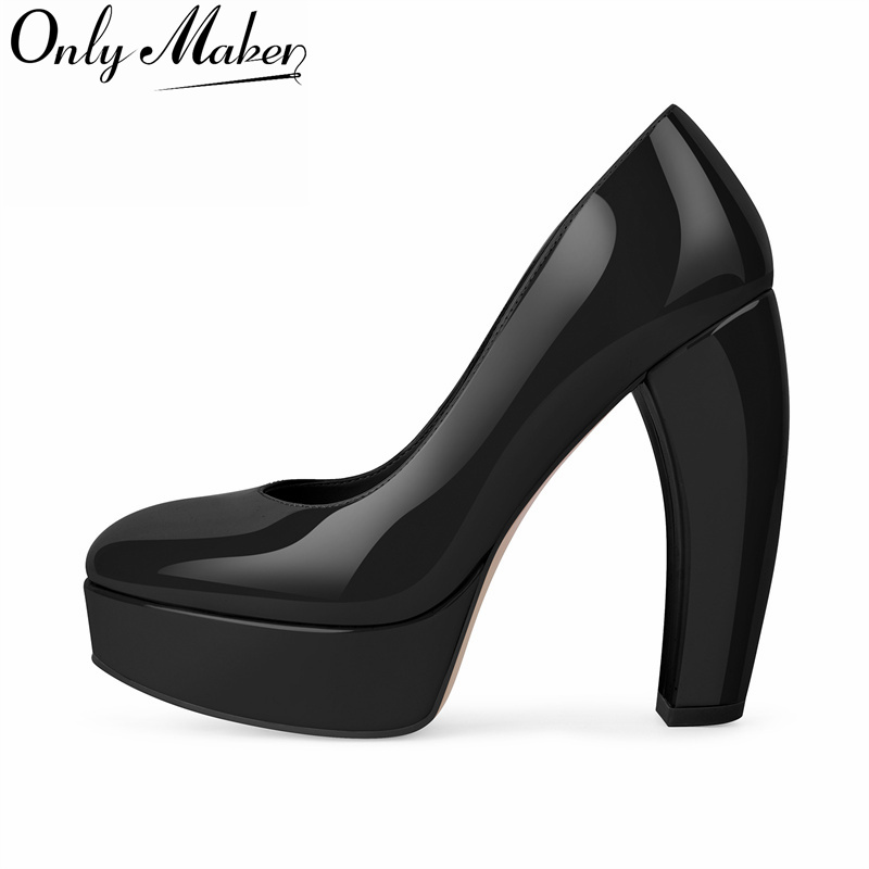 Leather Classic Strap - Onlymaker レディース ラウンドトゥ プラットフォーム パテントレザー チャンキーヒール